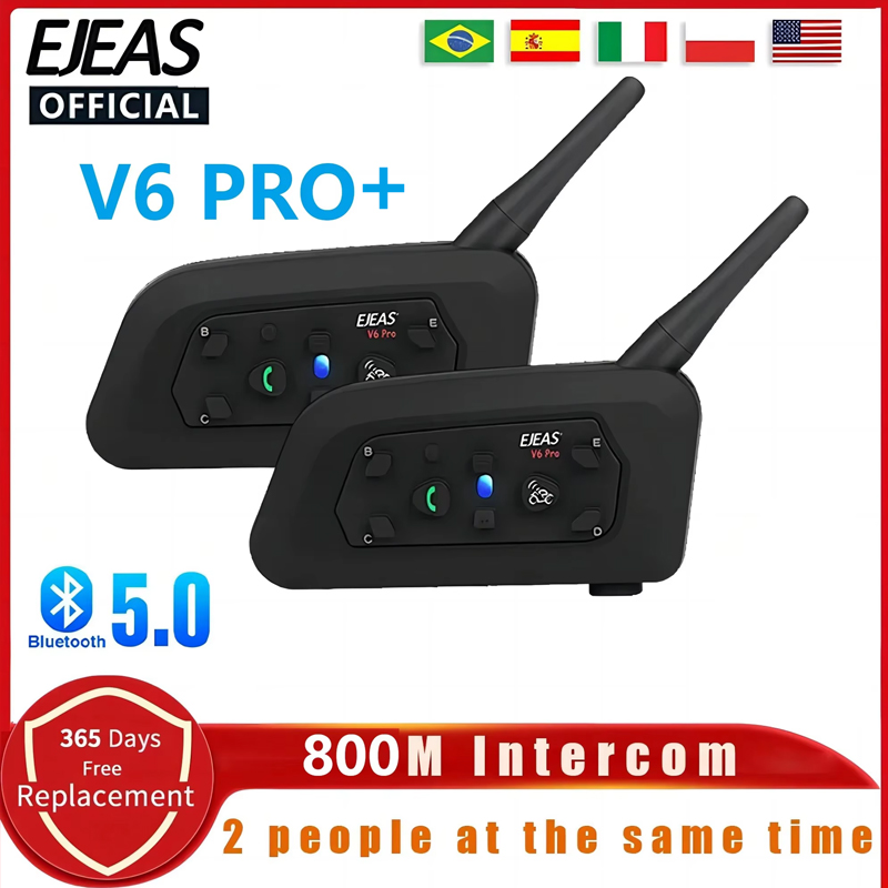 Universal Motorcycle Helmet Intercom Headset - Ejeas V6 Pro หมวกกันน็อครถจักรยานยนต์, ชุดหูฟังบลูทูธอินเตอร์คอม800M สำหรับ2ผู้ขับขี่